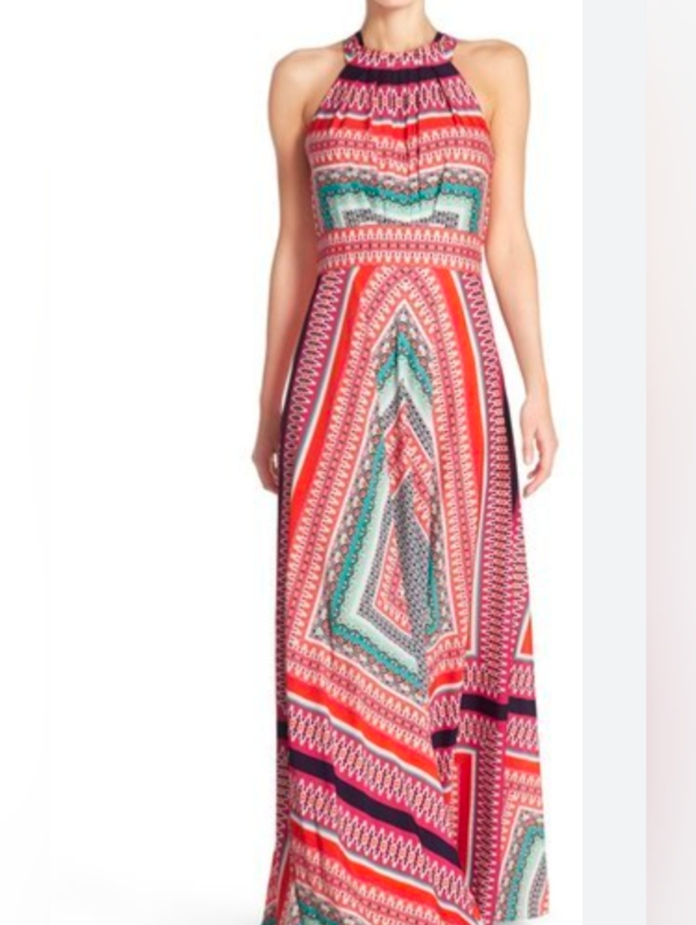 Eliza J Orange & Pink Halter Style Maxi Sun Dress With Tie